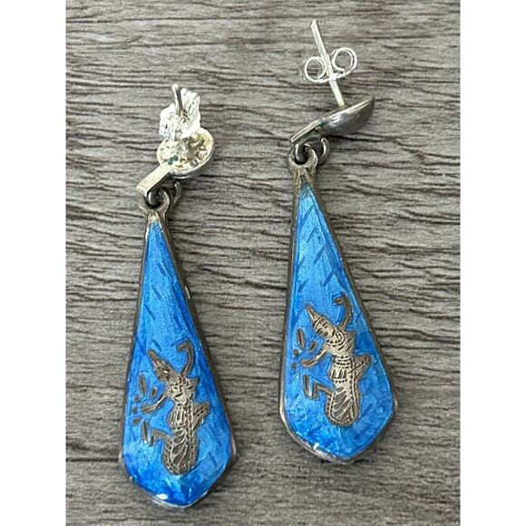 Vintage Siam Sterling Silver/ Enamel Post Dangle Earrings. - Picture 3 of 3